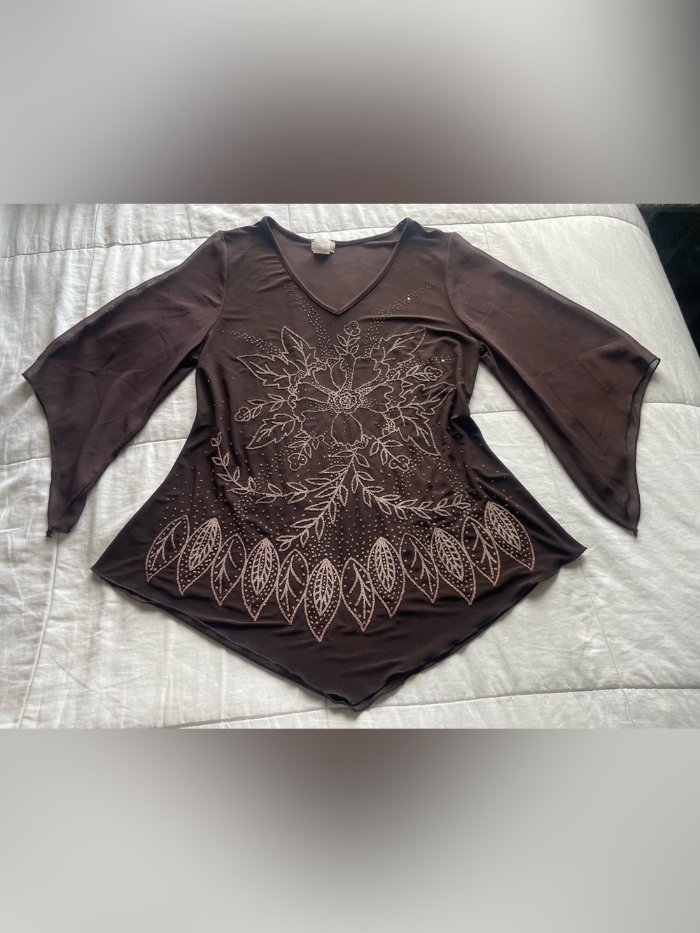 Vintage Brown Sheer Flare Sleeve Floral Asymmetric Top XL Fairycore Nymph Y2K